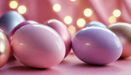 Glossy Easter eggs with metallic accents on bokeh background