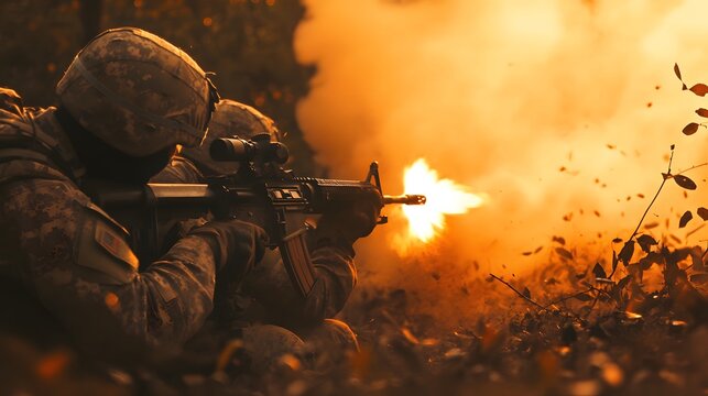 A squad of soldiers laying down suppressive fire during a simulated combat scenario.