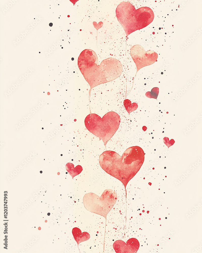 Poster Watercolor hearts in different sizes with splashes on a cream background for Valentine's Day
