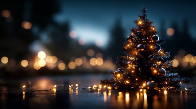 A Christmas tree with lights and ornaments set in a reflective nighttime scene