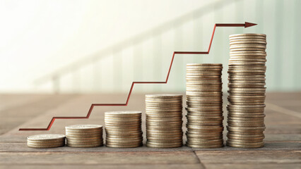 stack of coins forming staircase with upward arrow symbolizing financial growth
