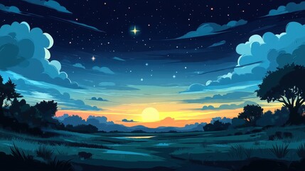 Night sky transition with sunset in landscape view, stars and clouds, Generated AI