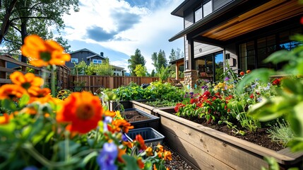 Fototapeta premium A charming retro backyard garden with raised vegetable beds, a rainwater collection system, and a compost bin, framed by colorful wildflowers and wooden fences