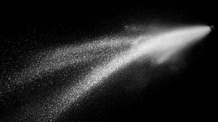White water spray mist with fine dust particles floating in the air, isolated on a black background. Abstract high-contrast composition with dynamic texture, perfect for concepts of freshness, purity,