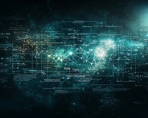 Obraz premium Cosmic Data Stream Abstract Visualization of scientific formulas and data connections against a nebula backdrop.