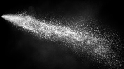 White water spray mist with fine dust particles floating in the air, isolated on a black background. Abstract high-contrast composition with dynamic texture, perfect for concepts of freshness, purity,