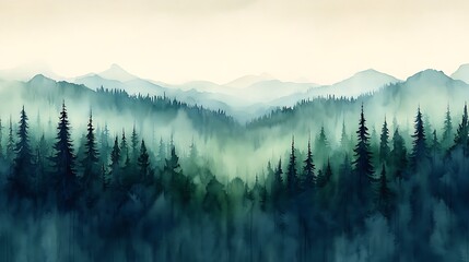 Obraz premium Misty Mountain Watercolor: A dreamy, ethereal watercolor painting of a misty mountain landscape, capturing the tranquility of nature. Lush, verdant pines stand tall in the foreground.