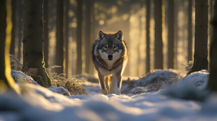 Naklejka premium Wolf Walking Through Winter Forest, Sunlight Filtering Through Trees, Majestic, Wild Nature, Wilderness, Snowy Landscape