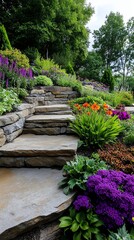 Fototapeta premium A rural yard featuring tiered retaining walls made of natural stone, adorned with cascading plants and flowers