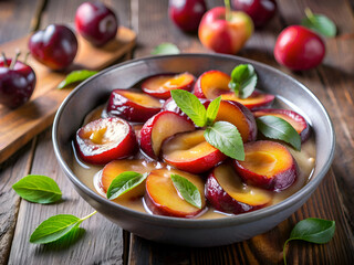 A bowl of fresh plums with mint leaves and a sweet sauce.