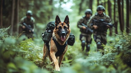A SWAT canine unit tracking a suspect through a dense forest.