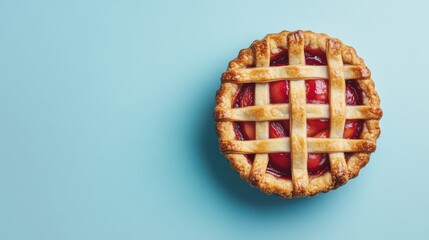 Homemade cherry pie with a golden lattice crust on a light blue background, showcasing dessert