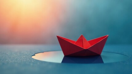 Obraz premium A Crimson Origami Boat Serenely Floating on a Still, Reflective Surface Underneath a Warm, Sunset Sky