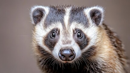 Obraz premium American badger portrait, close-up studio shot, neutral background, wildlife photography, ideal for nature documentaries