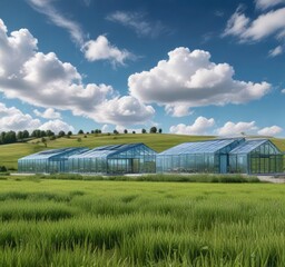 Obraz premium A picturesque scene of a rural field with a few modern glass houses and a clear blue cloudy sky above, nature, countryside