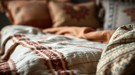 Fototapeta premium Cozy Bedroom Decor: Soft Textures and Elegant Patterns of a Comfortable Bed