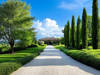 Obraz premium Gravel driveway lined with tall cypress trees, leading to a rustic country home, emphasizing elegance in simplicity