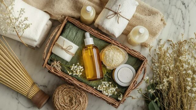 Natural Skincare Cosmetics in Rustic Arrangement on Marble Surface