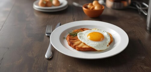 A modern kitchen with a plate containing a fried egg and a silver fork, modern, cooking