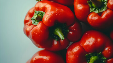 Close-up shot of vibrant red bell peppers, glistening with water droplets, arranged in a cluster.  Perfect for culinary, health, or lifestyle themes.