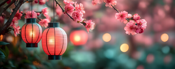 Pink lanterns blossom garden night