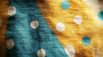 Polka Dot Pattern Fabric: A close-up abstract texture of a vibrant yellow and blue polka dot fabric with a diagonal white polka dot pattern creating a playful and eye-catching design.