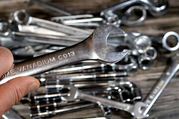 Fototapeta premium Mechanic steel wrench, hand tools set, various tools like ring spanners, combination wrenches and spanner, angled socket wrenches, pliers, nippers, pincer, pipe and locking pliers, screwdrivers