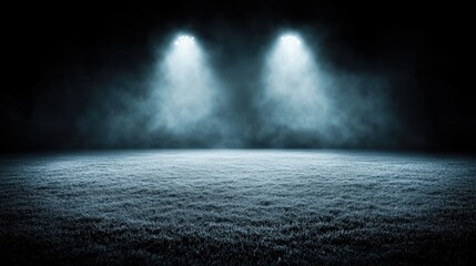 Floodlights illuminating misty stadium field at night