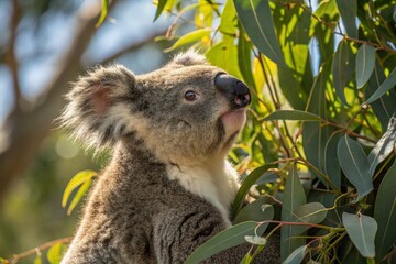 Fototapeta premium Koala Close Up: Curious Gaze in Sunlight - Candid Wildlife Photo