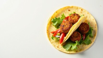 A savory flatbread wrap filled with crispy falafel balls, vibrant vegetables, and fresh greens, offering a wholesome and flavorful vegetarian meal option