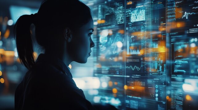 A focused individual analyzes complex data visuals on a digital screen, immersed in technology and innovation.
