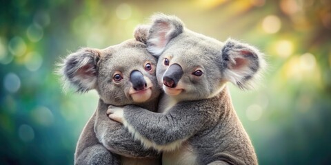 Two Adorable Koalas Hugging on Valentine's Day - Tilt-Shift Photography of Family Affection and Love in a Soft Light Background