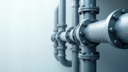 Industrial Piping System A Detailed Close-up of Interconnected Metal Pipes with Condensation