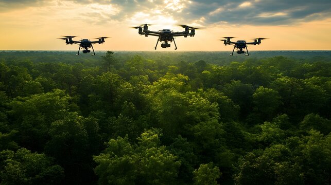 A SWAT unit using drones for surveillance over a forested area.