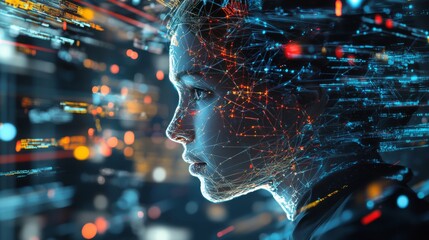 A futuristic profile of a person is overlaid with vibrant digital data streams, symbolizing the intersection of technology and humanity.