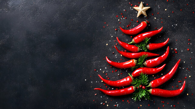 Festive chili pepper Christmas tree arrangement on dark background.  Perfect for holiday food blogs, recipe websites, or culinary publications.