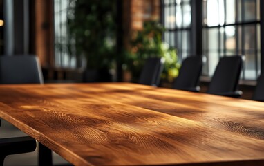 Wooden conference table in modern office with large windows and greenery.