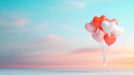 Fototapeta premium Charming assortment of heart-shaped balloons in pink and red hues floating gracefully against a serene pastel sky, perfect for expressing love and affection in cheerful designs