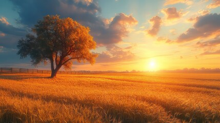 Fototapeta premium Golden Hour Serenity: A Lone Tree in a Wheat Field at Sunset