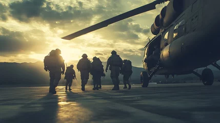 Ingelijste posters A team of soldiers boarding a military helicopter in a remote location. © Jochen