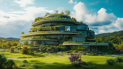 modern office complex surrounded by lush green gardens and walking paths,