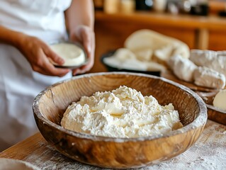 Fototapeta premium Workshops teaching visitors to make artisan cheese and butter from ecofarm dairy products