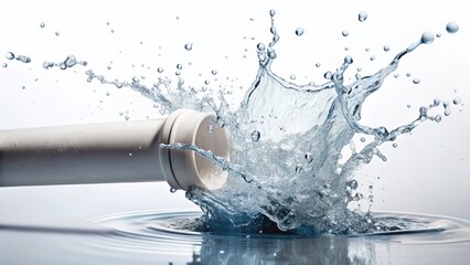Leaking PVC Pipe: Water Splash Isolated on White Background - Stock Photo