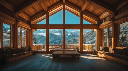 Fototapeta premium A traditional Alpine chalet with timber beams and large windows showcasing views of the Austrian Alps.