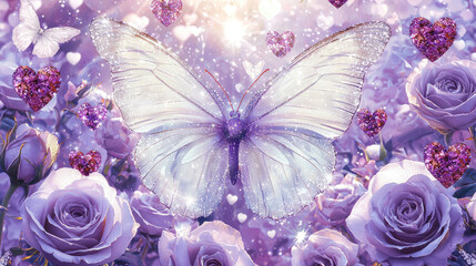 Beautiful white butterfly on sparkling purple background with purple roses and pink hearts with blur effect, Romantic design for wallpaper illustration