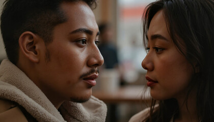 Couple sharing intimate gaze in cozy café, emotional connection