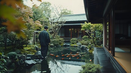 Naklejka premium A traditional Japanese mansion with serene Zen gardens and koi ponds in Kyoto.