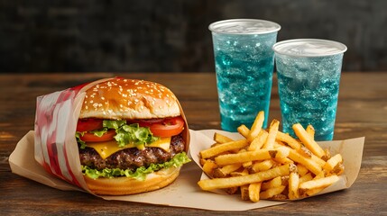 A vibrant burger combo meal with a large soda fries and a wrapped burger.