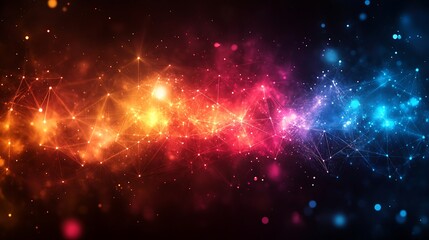Obraz premium Cosmic Connection: A mesmerizing abstract digital art piece with vibrant hues of red, orange, blue, and yellow flowing through interconnected geometric patterns, resembling celestial bodies. 