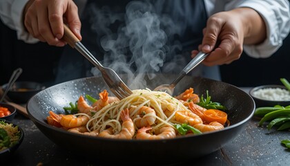 Seafood, Professional cook prepares shrimps with sprigg beans. Cooking seafood, healthy vegetarian food and food on a dark background. Horizontal view. Eastern kitchen 